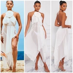 Fashion Nova Cream Sheer Halter Neck 3D Rose Asymmetrical Maxi Dress L